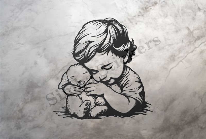 Lamb hugged by a small boy , outline art