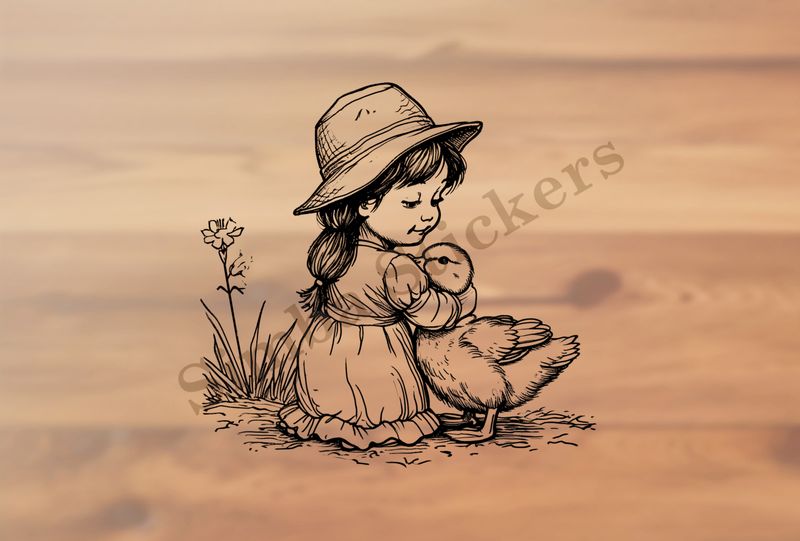 Duck embraced by small girl wearing cute hat, outline art