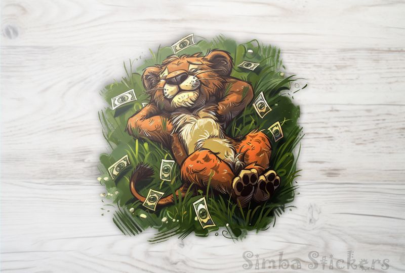 Simba Lion cub lying in satisfaction on grass with money around, uqhqc8