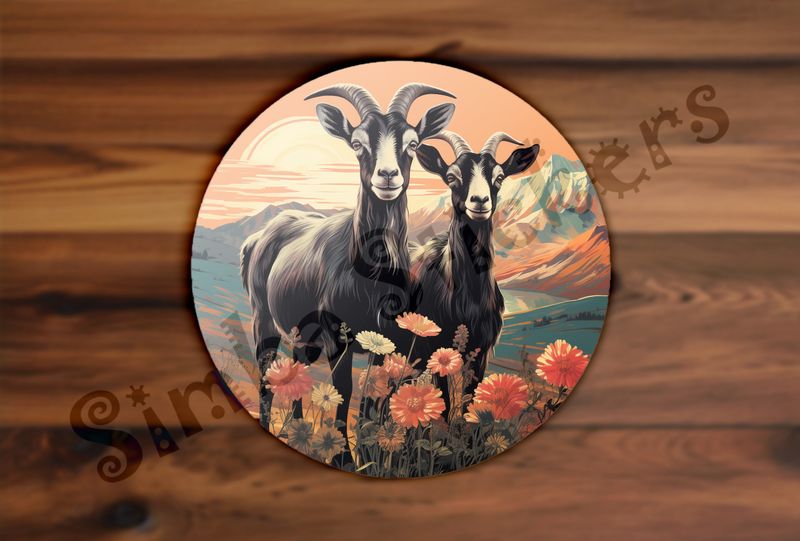 Goats in love, in flowery mountain range
