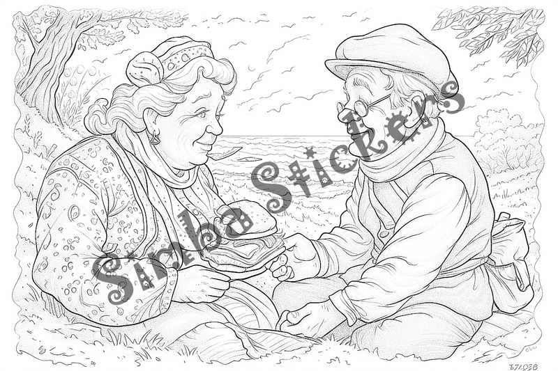 Colouring pages, bundle of people, grandparents in love at picnic, 25 images