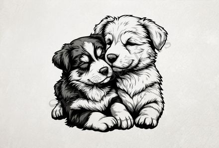 Cute dogs cuddling, outline art
