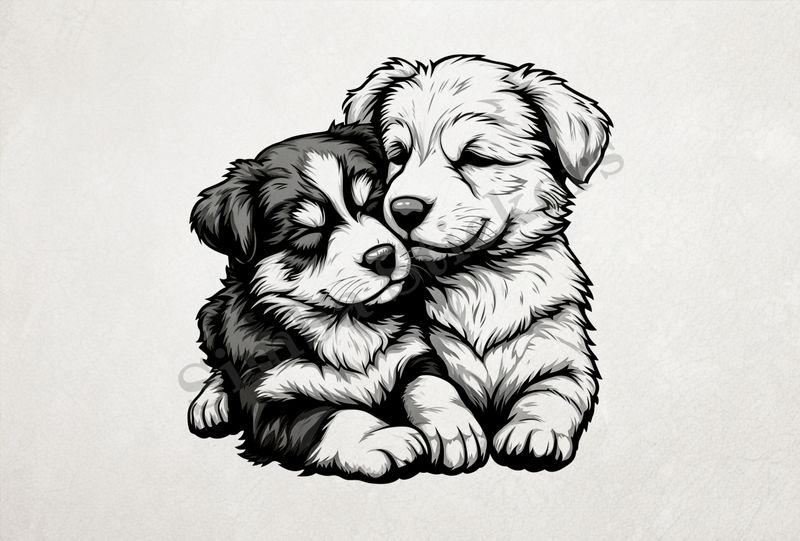 Cute dogs cuddling, outline art