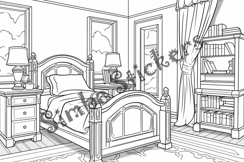 Colouring pages, bundle of house bedrooms, 25 images