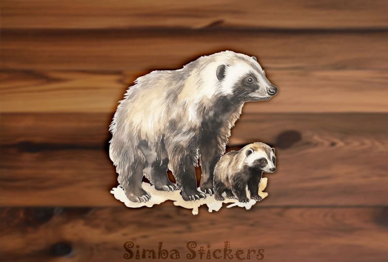 Honey Badger mother standing over child, watercolour, hj6foc