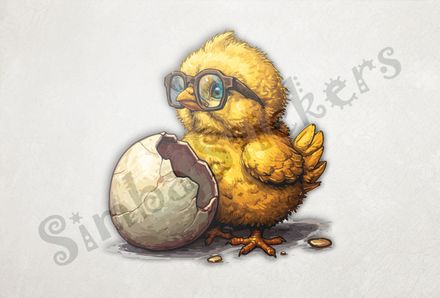 Chick in glasses standing next to mostly intact egg