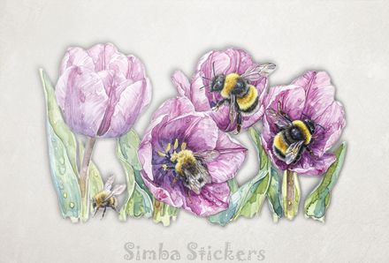 Bees among pink tulip flowers, watercolour