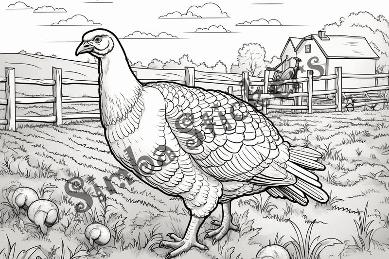 Colouring pages, bundle of turkeys on a farm, 10 images