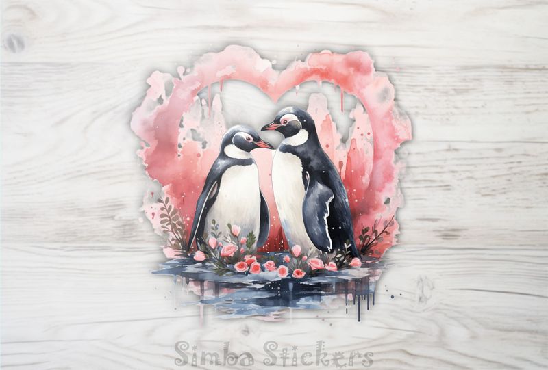 Penguins in love beak-to-beak in romantic flowers, watercolour, 0cqdo6