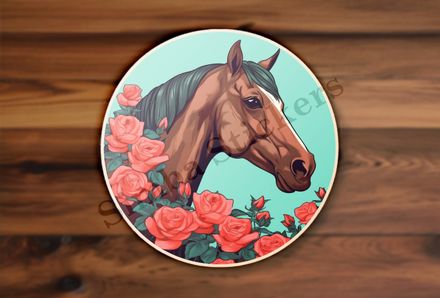 Brown horse smelling roses