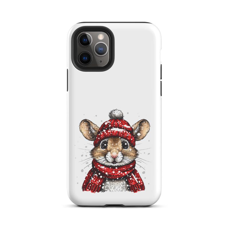 Tough Case for iPhone, Mouse wearing red winter hat and scarf in the snow, xg8dl3