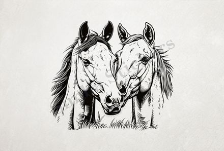 Horses nose-to-nose, black and white, bust outline art