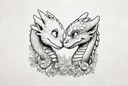 Cute dragons nose-to-nose in love,  outline art