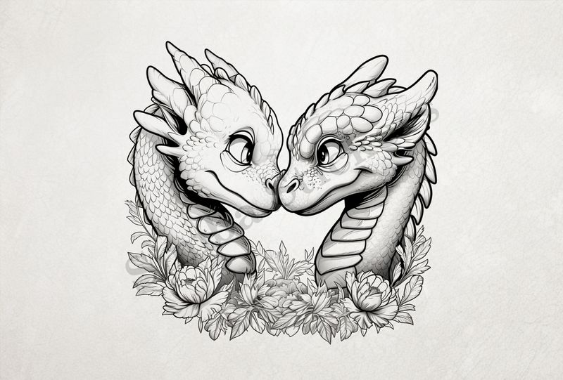 Cute dragons nose-to-nose in love,  outline art