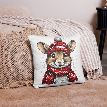 Pillow case 18x18, Mouse wearing red winter hat and scarf in the snow, xg8dl3