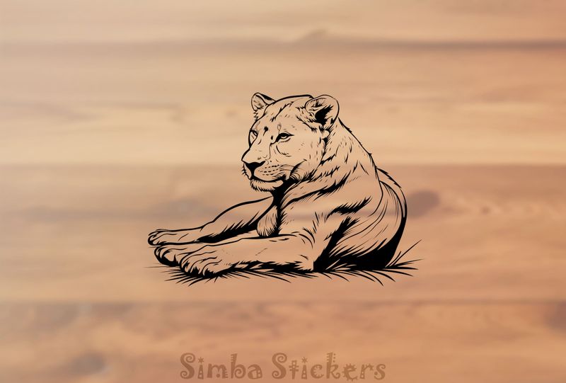 Lioness resting atentively in the Savanna, outline art, 90uvno