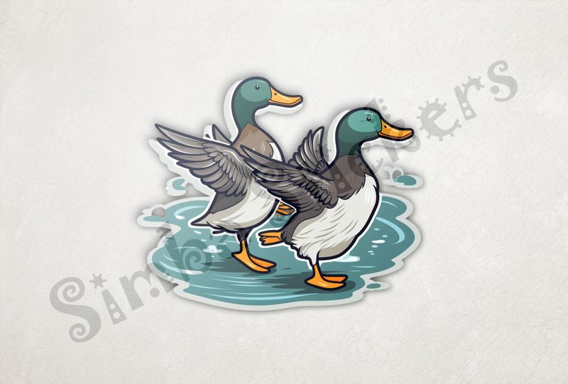 Duck couple flapping wings in shallow water