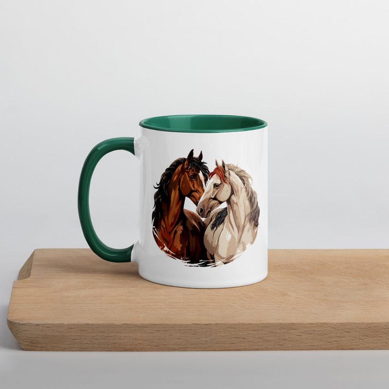 White Ceramic Mug with Color Inside, 11&amp;15oz, Horses nose-to-nose, jbgjpy