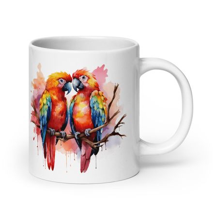 White Glossy Mug, 20oz, Parrots in love perching nose-to-nose in pinkish background, cpi3i9