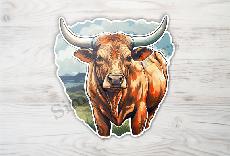 Bull grazing, cloudy blue background