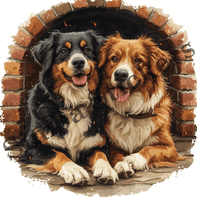 Dogs cuddling by fireplace, image set, 10 images