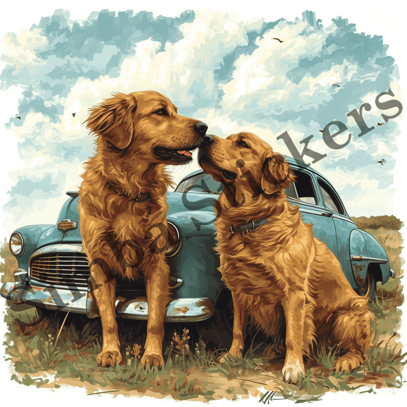 Dogs snuggling by car, watercolour, image set, 10 images