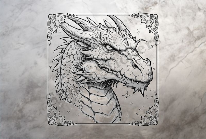 Angry-looking dragon, framed, outline art