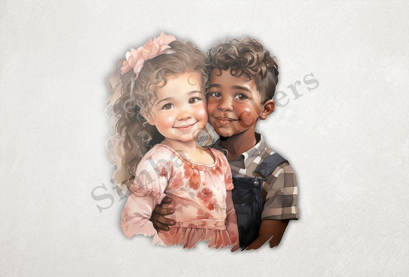 Girl and boy, cheek-to-cheek, hand on hips