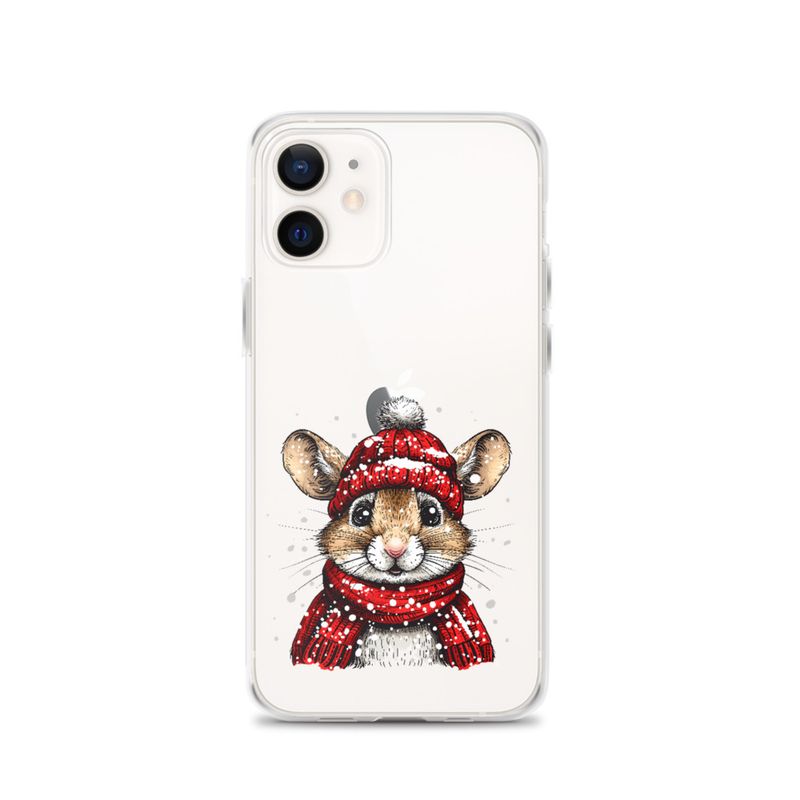 Clear Case for iPhone, Mouse wearing red winter hat and scarf in the snow, xg8dl3