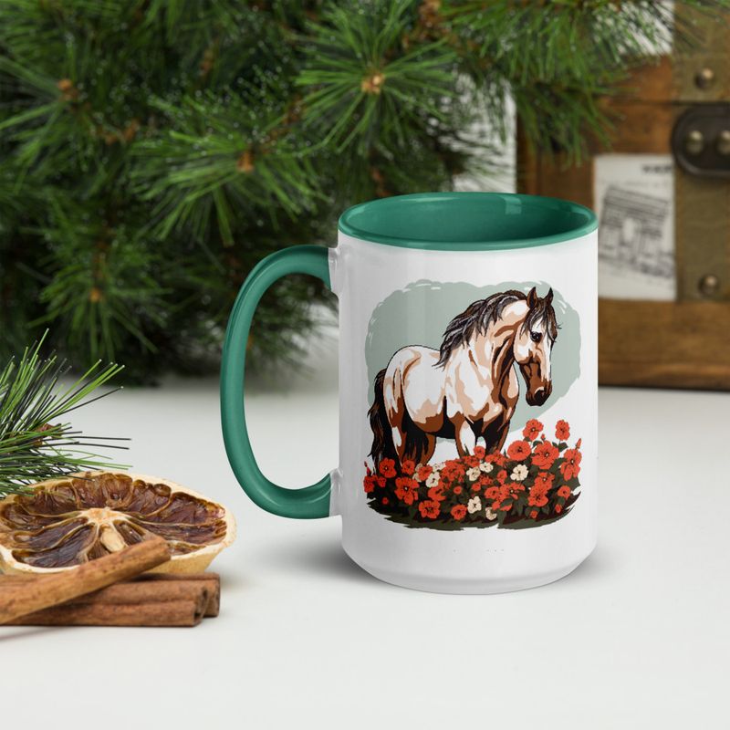 White Ceramic Mug with Color Inside, 11&amp;15oz, Brown horse in field of red flowers, n4w2fj