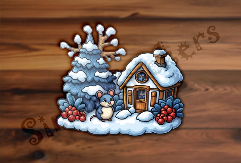 Blue Mouse outside small house in winter snow