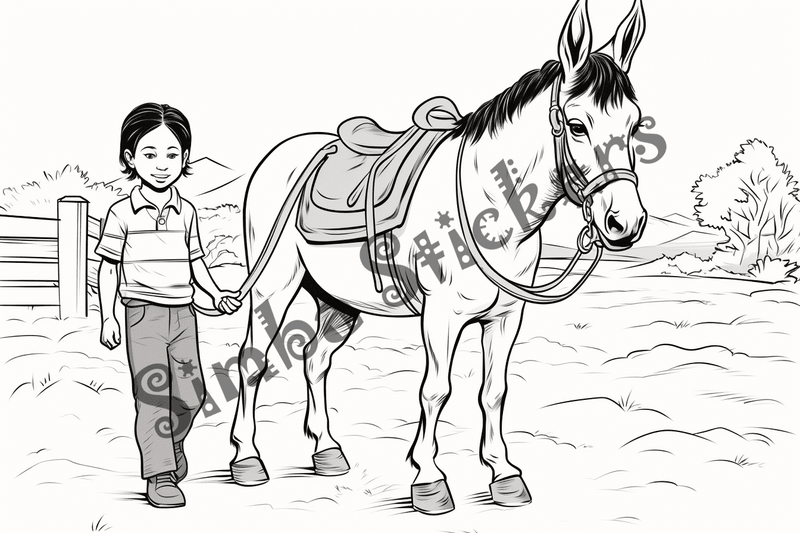 Colouring pages, bundle of mules with children, 10 images