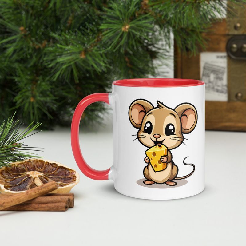 White Ceramic Mug with Color Inside,11&amp;15oz,Small Mouse happily licking large chunk of cheese,pqapy6