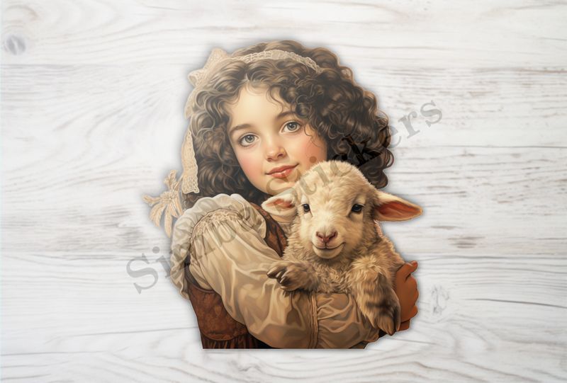 Cute lamb in the arms of Mediterranean girl with laced hair, vintage