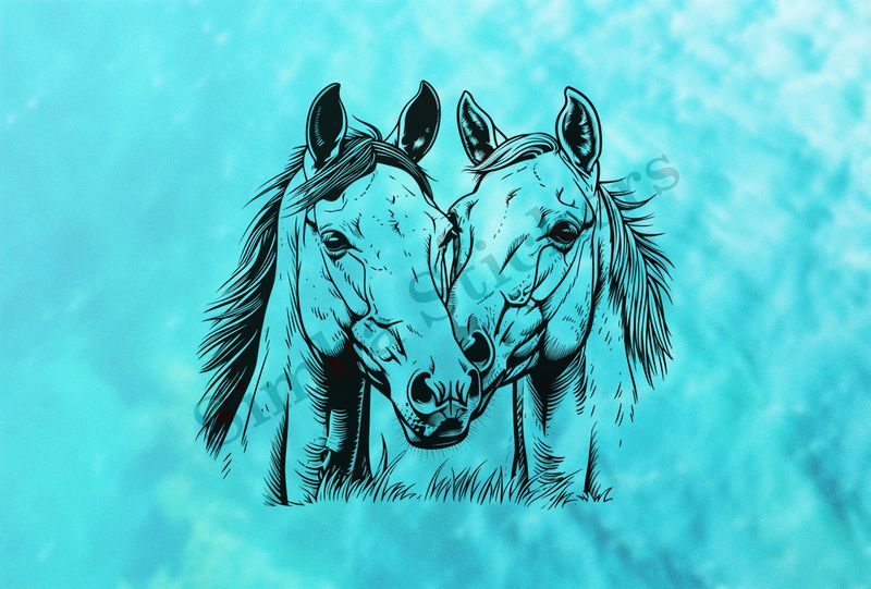 Horses nose-to-nose, black and white, bust outline art