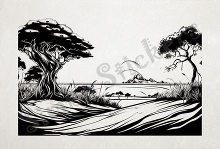 African Savanna landscape, hills in background, outline art