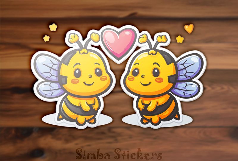 Bees in love looking shy, Valentine&#x27;s heart above