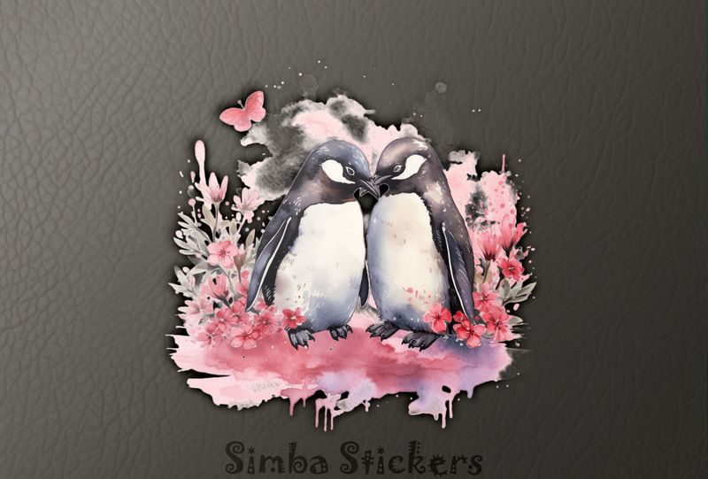 Penguins in love beak-to-beak in romantic colours, watercolour, tg8437k