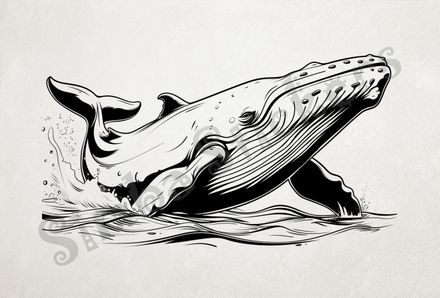 Whale almost completely above water, outline art