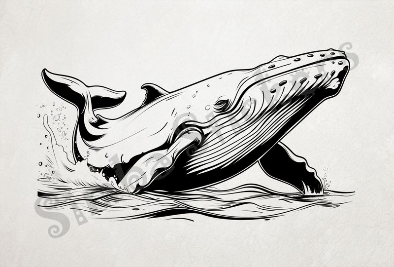 Whale almost completely above water, outline art