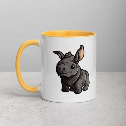 White Ceramic Mug with Color Inside, 11oz &amp; 15oz, Black rhino calf looking cute 