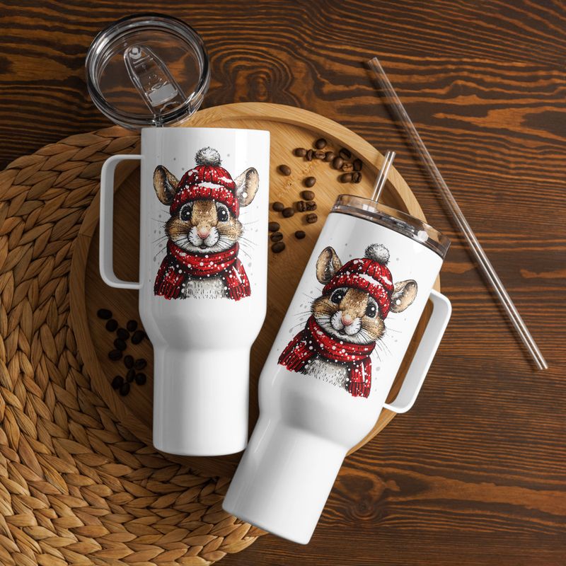 Travel Mug, Cattle, Mouse wearing red winter hat and scarf in the snow, xg8dl3
