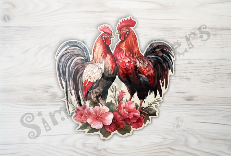 Rooster and hen chicken in love, flowers at their feet, watercolour