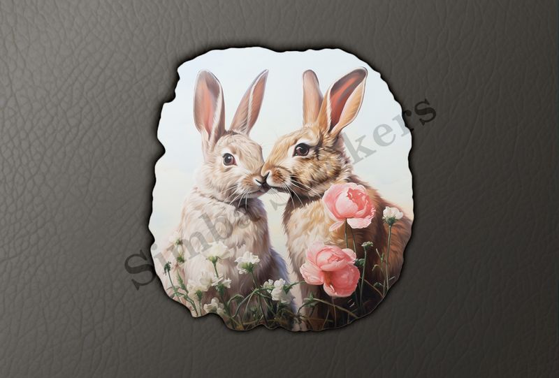 Rabbits in love , nose-to-nose, pink flowers
