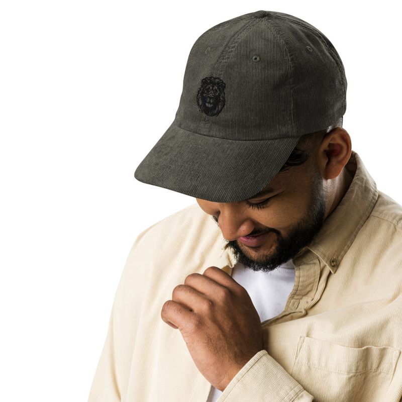 Vintage Corduroy Cap, Majestic lion face, outline art 