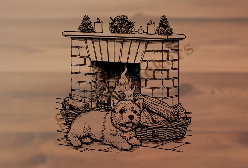 Dog by the fireplace, outline art