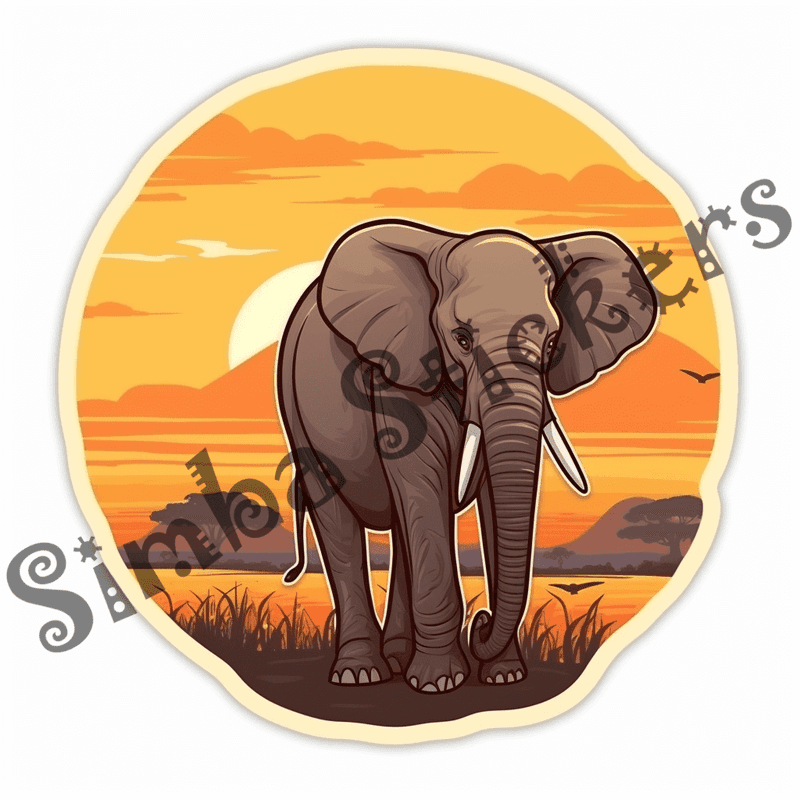 Elephants at sunrise or sunset, sticker-style, image set, 25 images, orxvzg