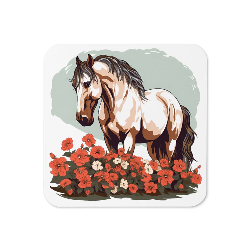 Cork-Back Coaster, Brown horse in field of red flowers, n4w2fj, mirrored