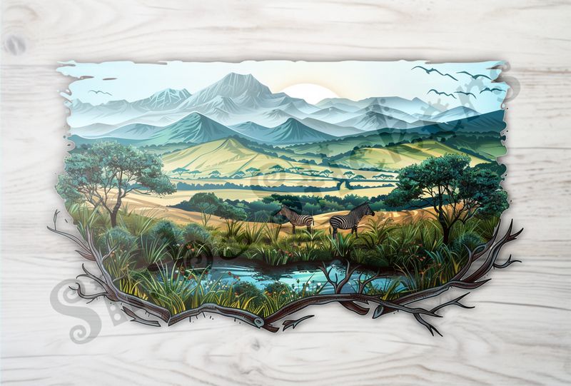 African Savanna landscape, green with zebras