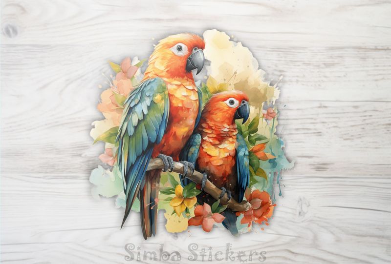 Parrots in love perching above and among flowers, qbar4x